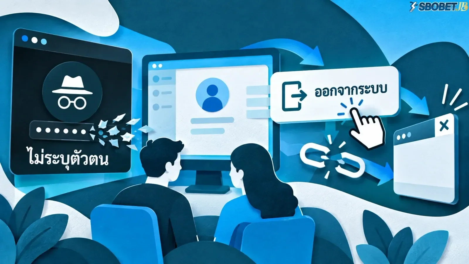 ภาพภาพอธิบายด้วยวัตถุเกี่ยวกับการเข้าใช้งานบัญชี โดยจัดองค์ประกอบให้สื่อสารใจความของเนื้อหาส่วนนี้อย่างชัดเจน. ภาพใช้เป็นสื่อประกอบเพื่อช่วยให้ผู้อ่านเห็นภาพของประเด็นได้ง่ายขึ้น.