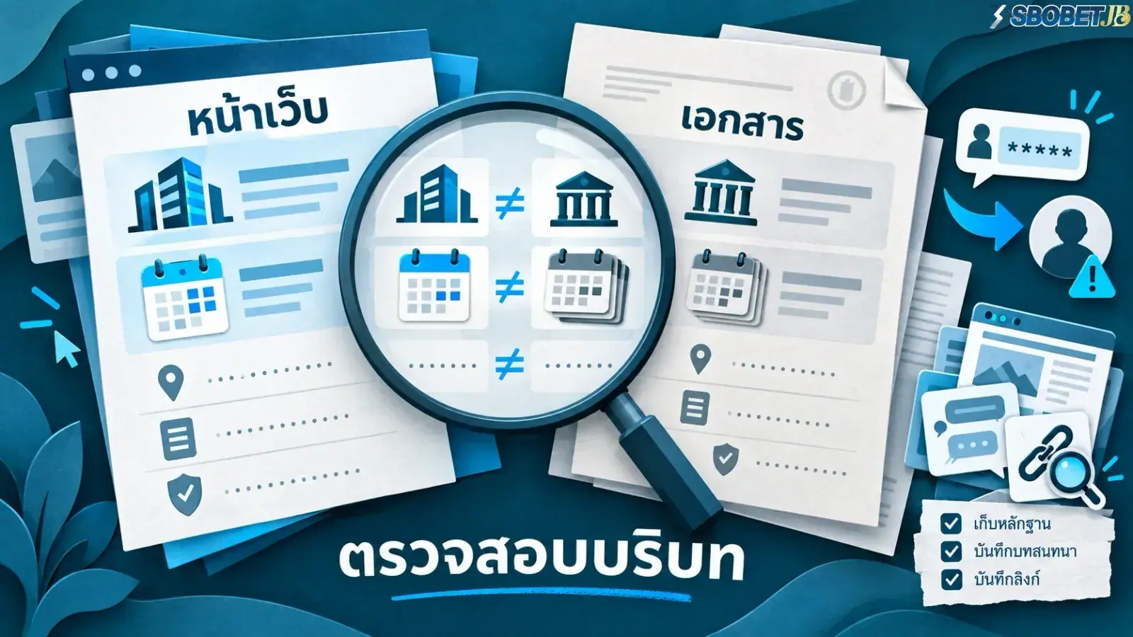 ภาพจำลองเชิงพื้นที่ทางสถาปัตยกรรมแสดงภาพตัดขวางของอาคารที่โครงสร้างพิมพ์เขียวภายในไม่สอดคล้องกับป้ายประชาสัมพันธ์ภายนอก. องค์ประกอบนี้ช่วยถ่ายทอดความขัดแย้งระหว่างข้อมูลในเอกสารทางการกับสิ่งที่ปรากฏบนหน้าเว็บไซต์ให้เข้าใจได้ง่ายขึ้น.