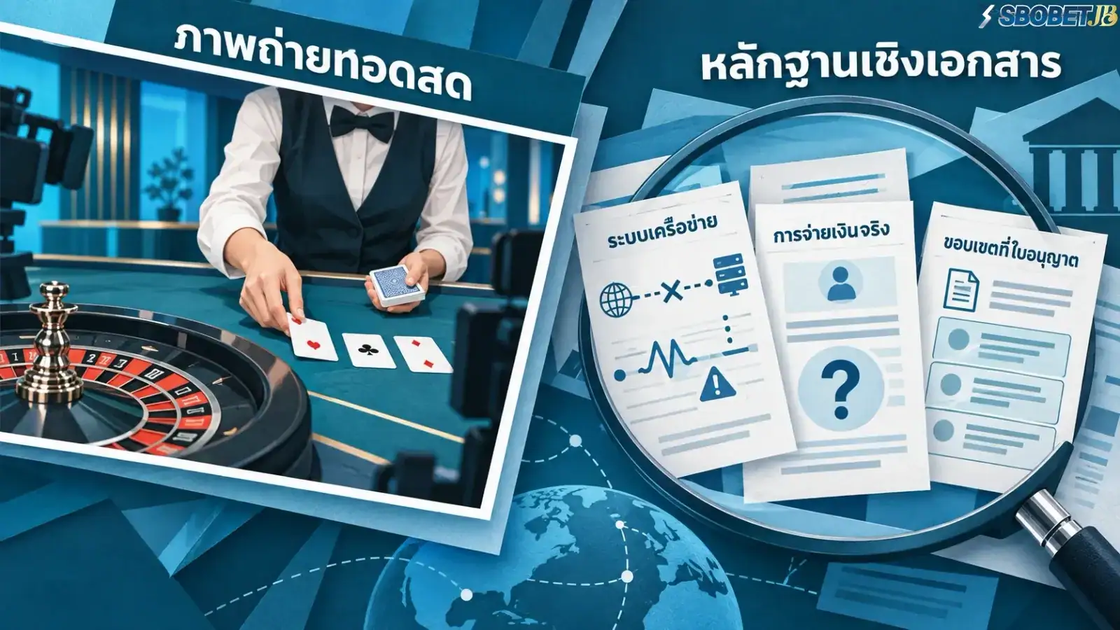 ภาพกราฟิกเชิงอธิบายจัดวางจุดสนใจหลักที่หน้าจอถ่ายทอดสดและอุปกรณ์บนโต๊ะเดิมพันเพื่อแจกแจงองค์ประกอบที่มองเห็นได้ในมุมมองสด. ภาพนี้ช่วยสนับสนุนเนื้อหาโดยจำแนกความแตกต่างระหว่างสิ่งที่สังเกตได้ด้วยสายตากับข้อจำกัดทางเทคนิคที่ไม่สามารถตรวจสอบยืนยันได้ผ่านหน้าจอ.